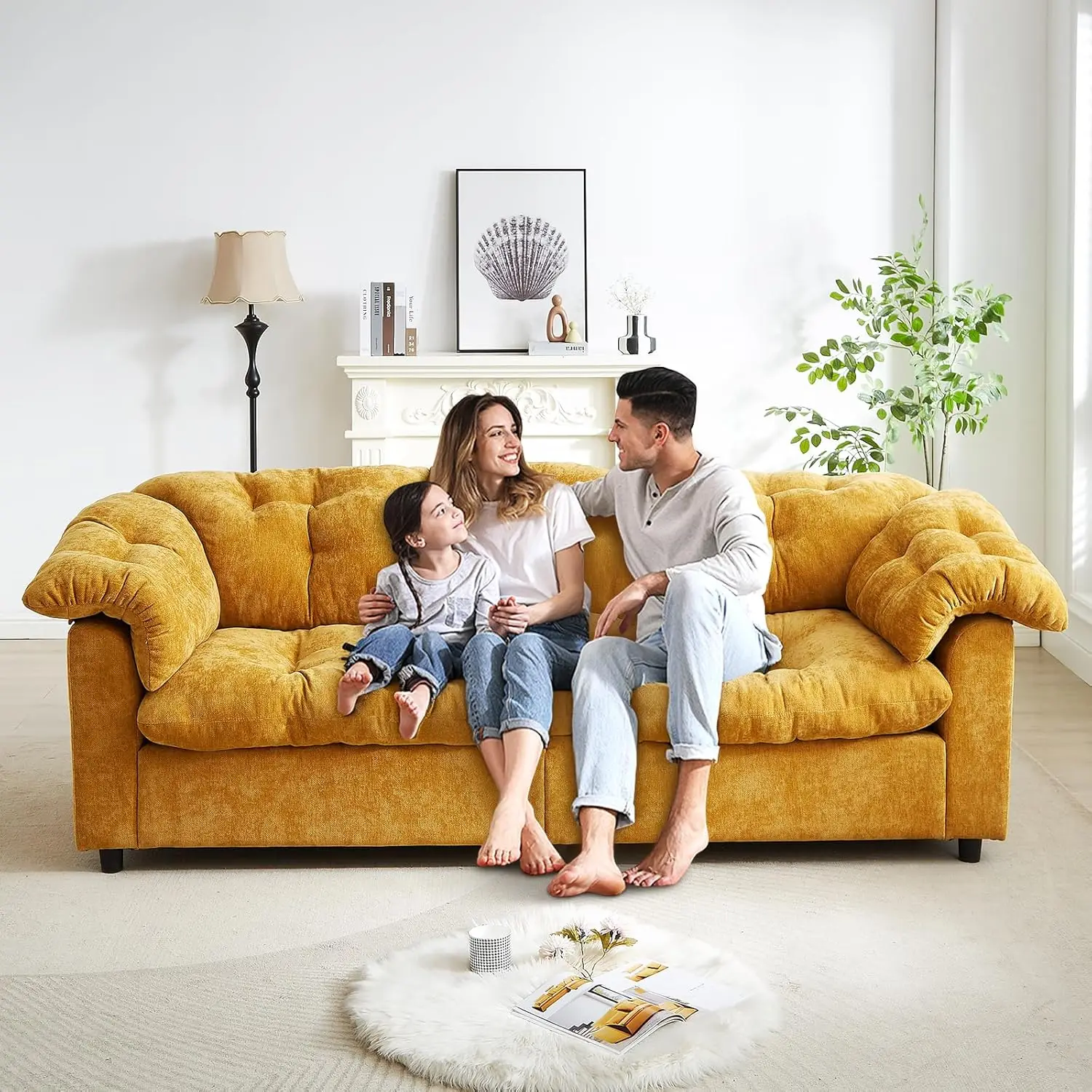 Sofá de 3 lugares, 94,8 polegadas, moderno, confortável, tufado, tecido de chenille, nuvem, espuma macia, assento profundo, sofá de loveseat macio para