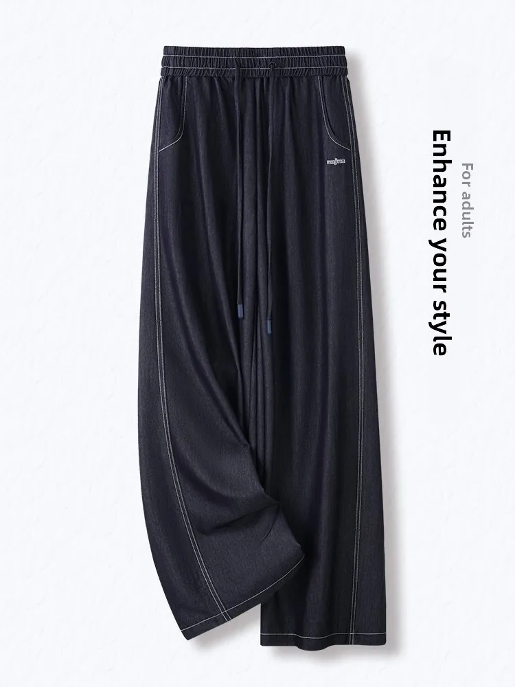 

Темно-синие джинсы с высокой талией, свободного кроя, с широкими штанинами, женские, весна-лето, новый стиль, эластичные, повседневные, прямого кроя