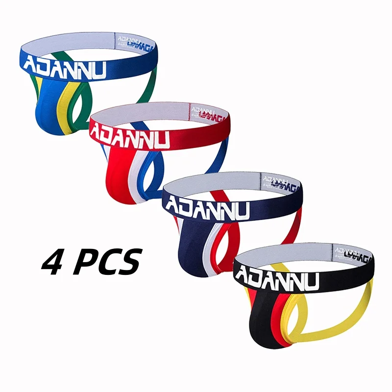 ADANNU 4 PCS/LOT Gay Men Underwear Sexy Jockstrap Briefs Bikini MenGay Penis Pouch Thong G Strings Cotton Breathable Pants Gay