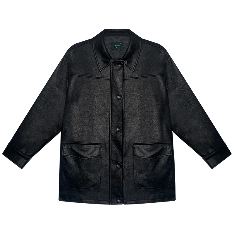 レトロレザージャケットコート ロング丈 ゆったり レディース おしゃれ ターンダウンカラー 秋冬 ハローエット レディースアウター