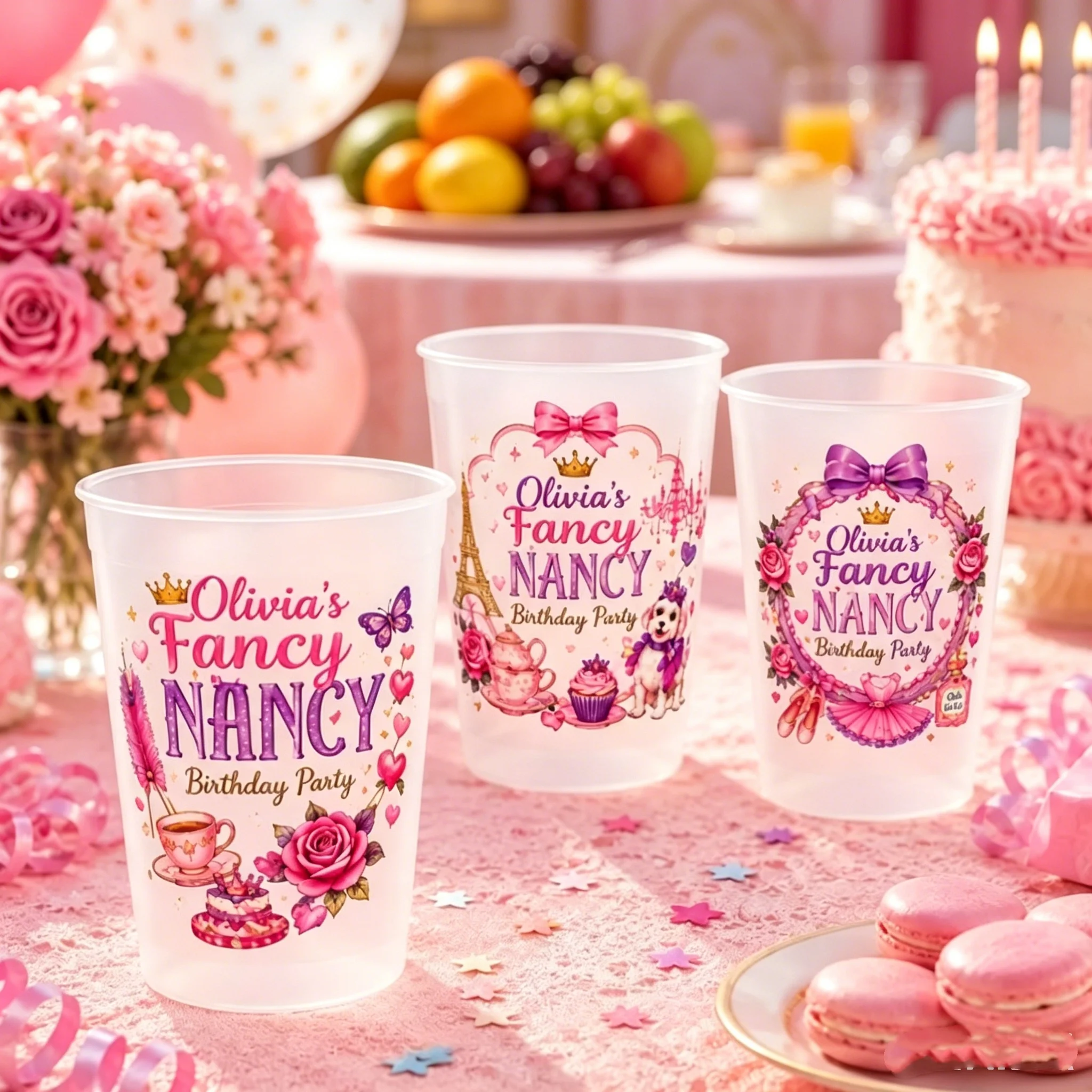 10/50 Vasos de Plástico Esmerilado Personalizados Fancy Nancy, Vasos con Nombre Personalizado, Vasos Rosas de Princesa para Niñas, Cumpleaños, Fiesta de Té en París