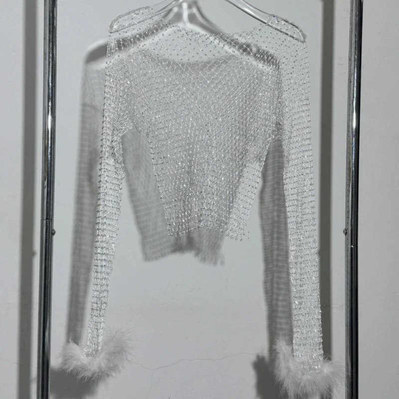 ropa+Mujer Y2K Damen Sexy Durchsichtiges Netz-T-Shirt mit Glitzer, Strass und Straußenfedern, Crop-Top für Nachtclub, Party, Festival – Detail 4