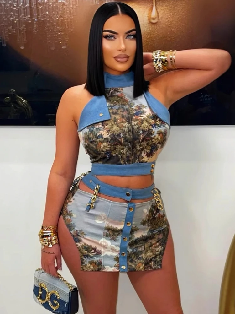 

2 Pieces Set Sexy Fashion Women Female Tops Print Sleeveless Tops And Shorts Suit Matching Sets Outfit 2025 Summer Autumn