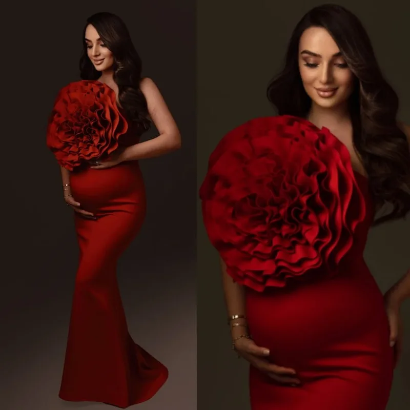 Red Ruffle Maternity Dress Photoshoot  Photography Dress Baby Shower Dresses for Pregnant Woman 웨딩촬영 원피스