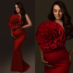 Vestido de maternidad con volantes rojos para sesión de fotos, vestidos de Baby Shower para mujer embarazada