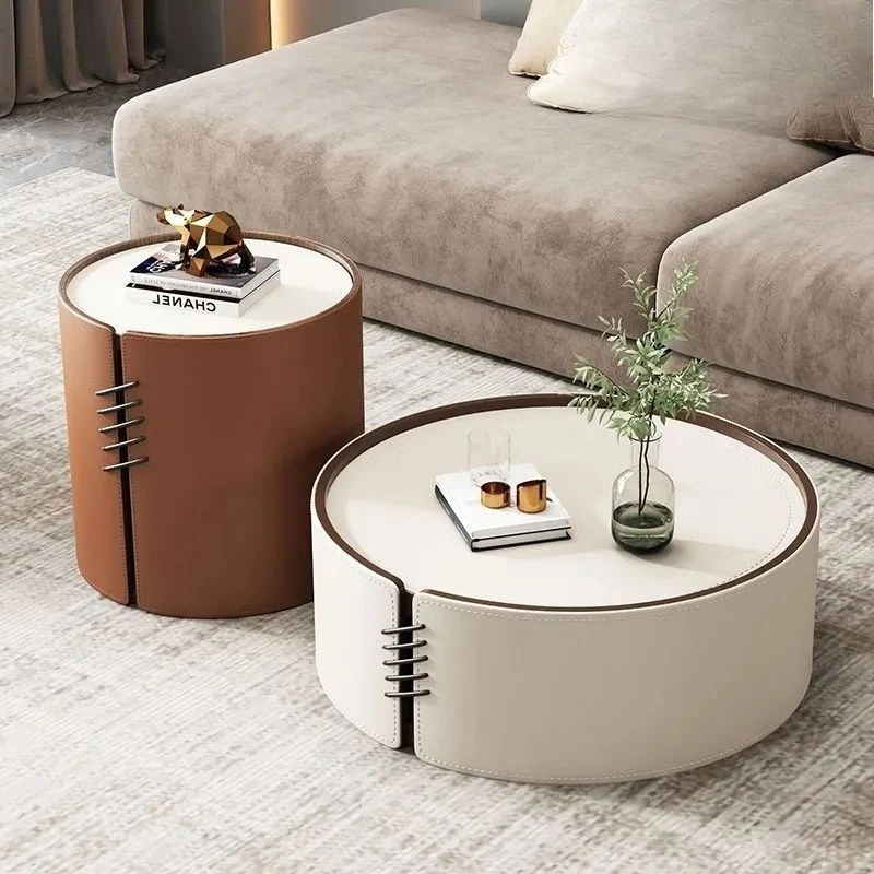 Italian light luxury small apartment rock slab coffee table size round coffee table combination modern simple saddle leather