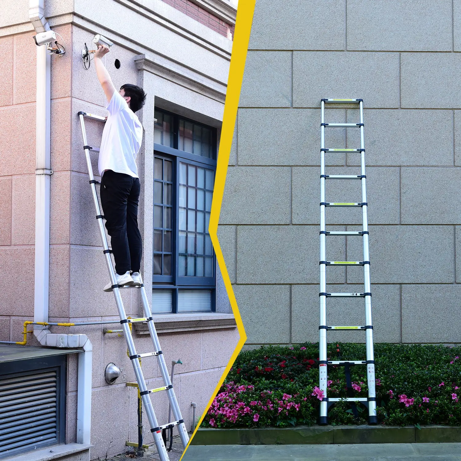 Liga de alumínio telescópica Multi-Purpose escada dobrável com ganchos, moldura de suporte triangular, capacidade 300lb, 8.5ft