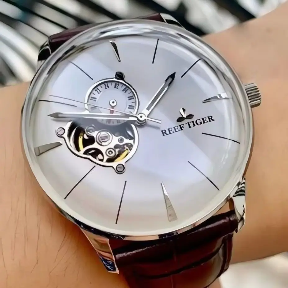 Reef Tiger Men Automatic Watch Luxury 43mm Mechanical Wristwatch Sapphire Mirror Luminous Skeleton Dial 50m Waterproof 24 Hours