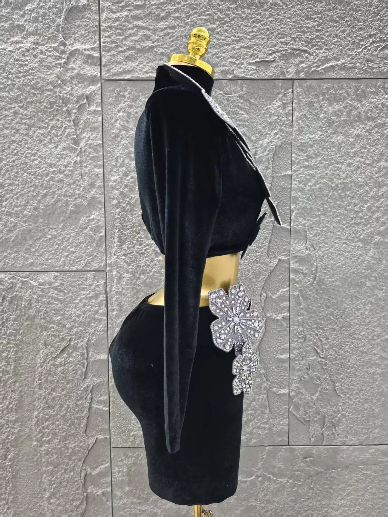 Minimalist Women Long Sleeves Bandage Two Piece Sets Turtleneck Shiny Diamonds Flower Top Bodycon Mini Skirts Suits Evening Club