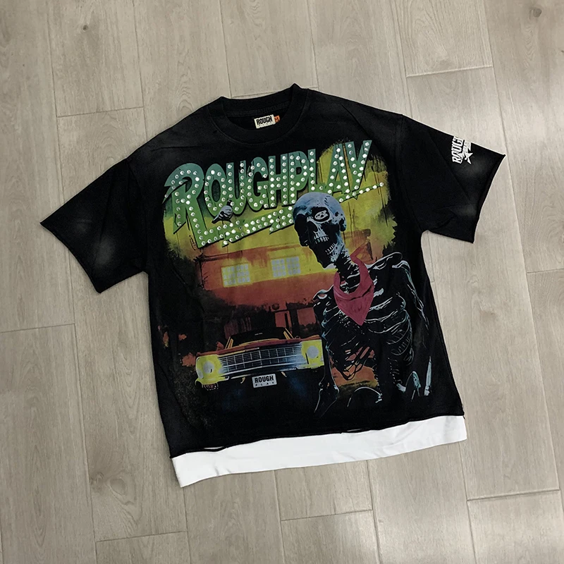 26ss Rough Play Short Sleeve American Skull Printed T-shirt Hip Hop Loose High Quality Men's Rough Play Top