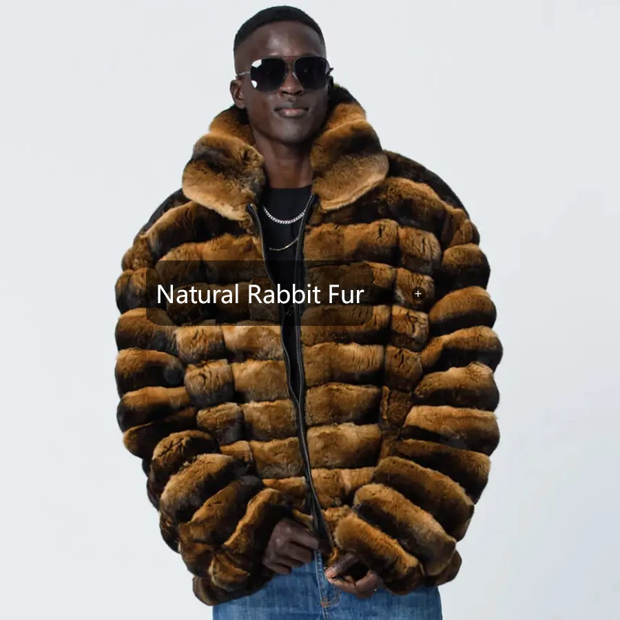 Men\'s Natural Fur Jackets Chinchilla Colored Fur Coats Men Full Skin Rex Rabbit Bomber Coat Winter Jacket Luxury Warm Outerwear