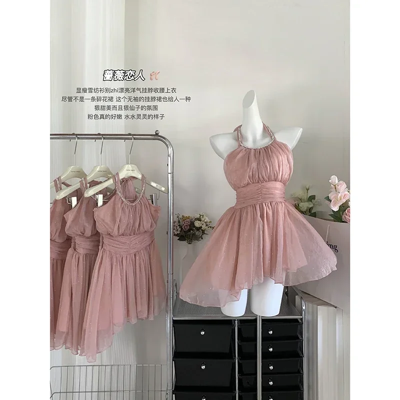 2024 Summer Women Pink Halter Neck Dress Harajuku Korean Vintage Kawaii Elegant Y2k One Piece A-line Luxury Evening Midi Dresses