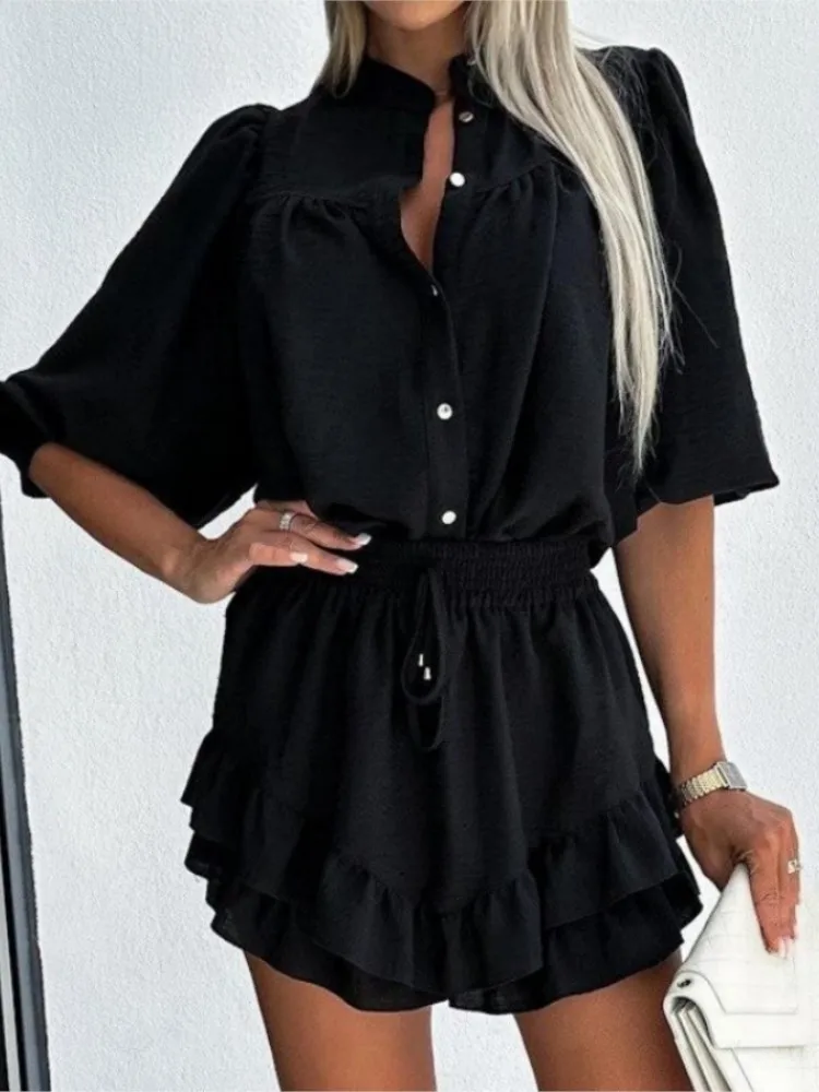 Spring Summer Solid Color Skirt Two Piece Set Women Stand Collar Shirts Ruffles Short Skirts 2 Piece Sets Trendy Female Clothing