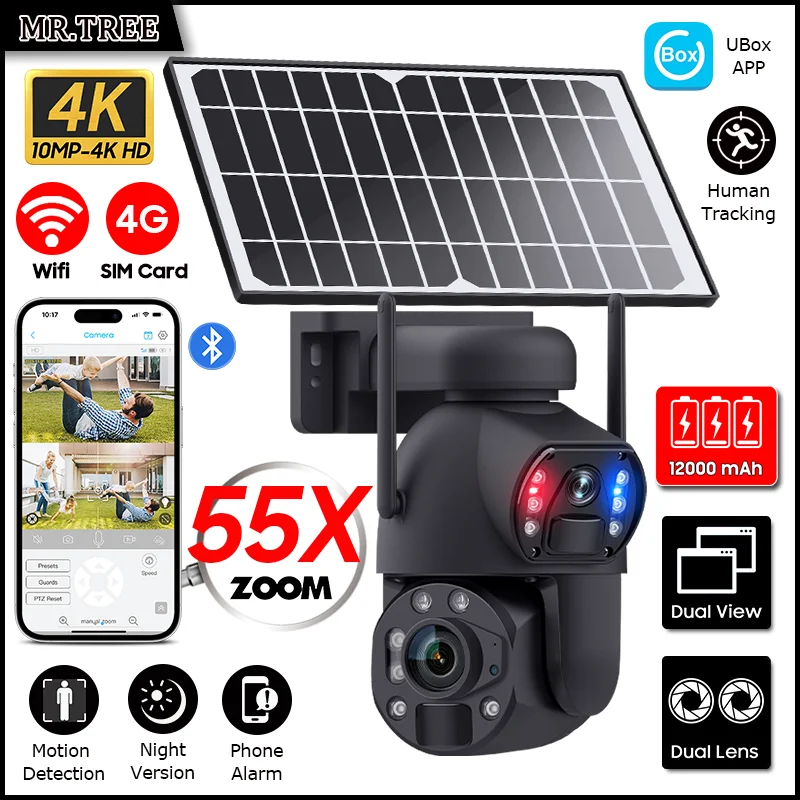 55X Zoom Home Outdoor Wifi Surveillance Solar Cameras 10MP 4G SIM Security Protection PTZ Human Detection Tracking CCTV IP Cam