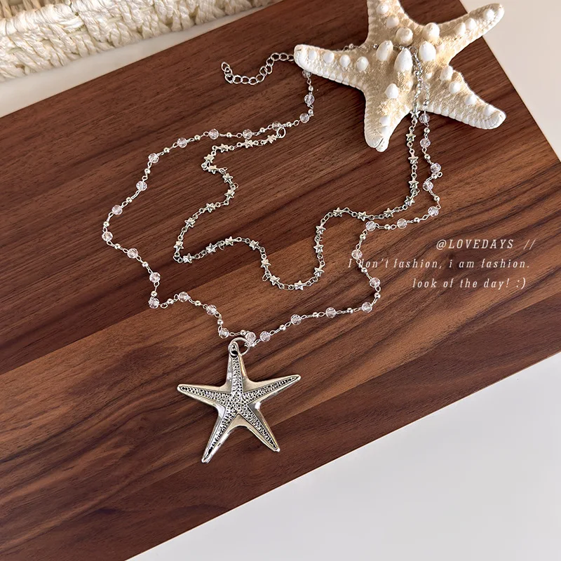 Silver Starfish Long Necklace Sweet Cool Y2K Choker Layered Pendant for Women Daily Party Lightweight Trendy Jewelry