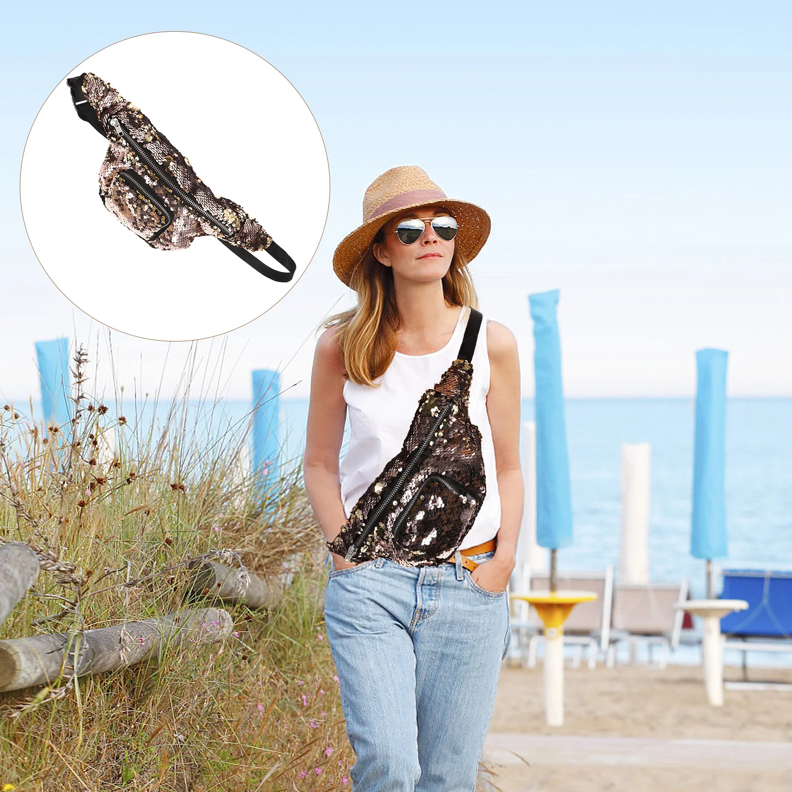 

Women Waist Bag Sequins Adjustable Strap Gold Multifunctional Fanny Pack For Daily Outdoor Travel Use Waist Bags