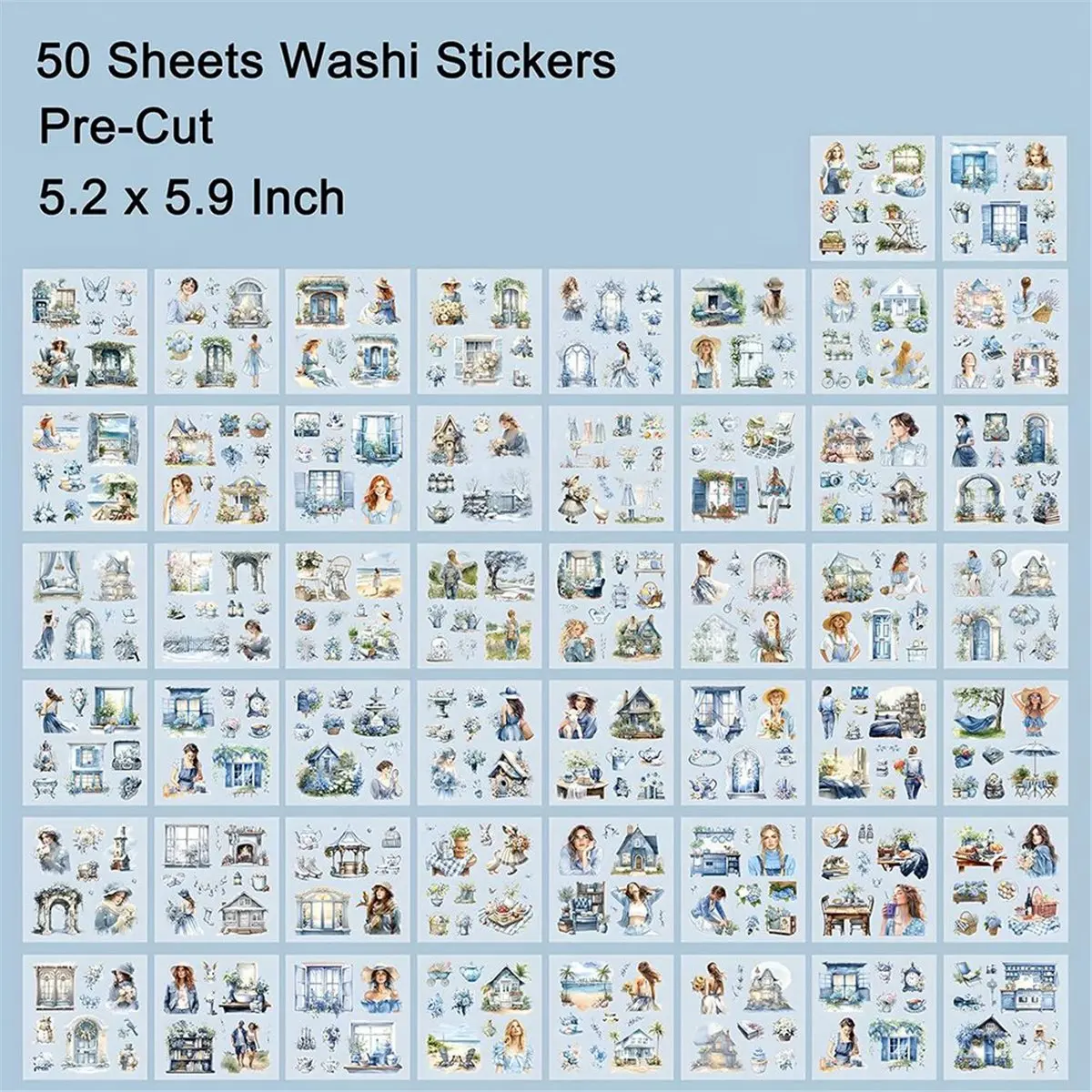 REST Garden Junk Journal Stickers, 50 Sheets, Scrapbook Supplies, Watercolor Scrapbooking for Adults Blue
