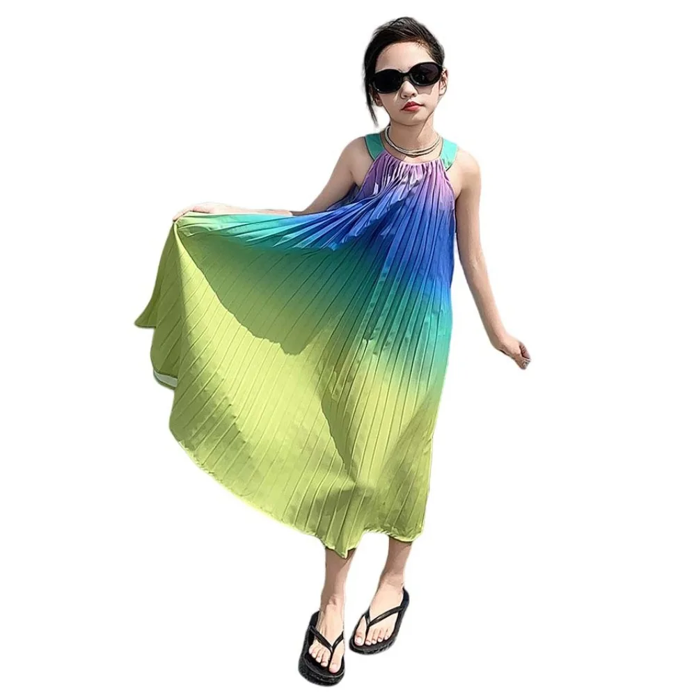 

Sleeveless Children Beach Vacation Skirt Holiday Ruffled Kids Suspenders Pleated Dress Long Gradient Color