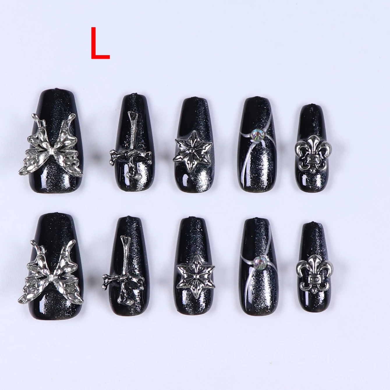 10 Stück wiederverwendbarer, glatter, langer Feiertagsnagel mit Press-Nagel, 3D-Schmetterlings-Design, Pressnagel, Nagel-Strass-Kunstnagel – Schwarz