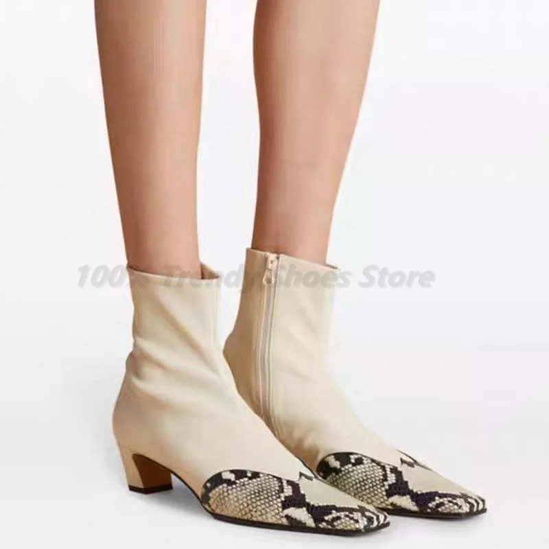 

New Foreign Trade Square Headed Snake Pattern Color Blocked Side Zipper High Heels Slimming Fashion Single Bare Boots for Women