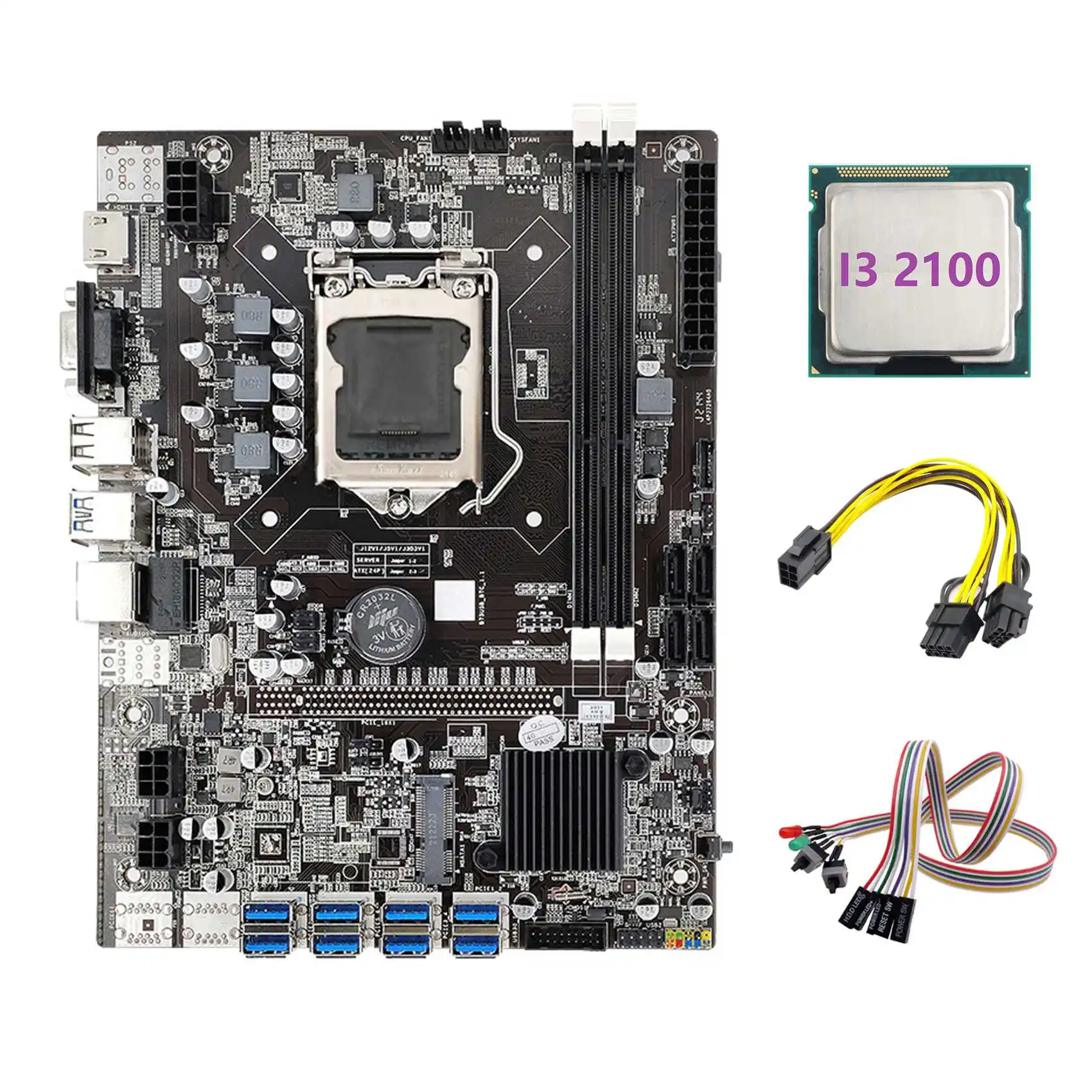 

B75 ETH Mining Motherboard 8XPCIE to USB+I3 2100 CPU+Switch Cable+6Pin to Dual 8Pin Cable LGA1155 Miner Motherboard