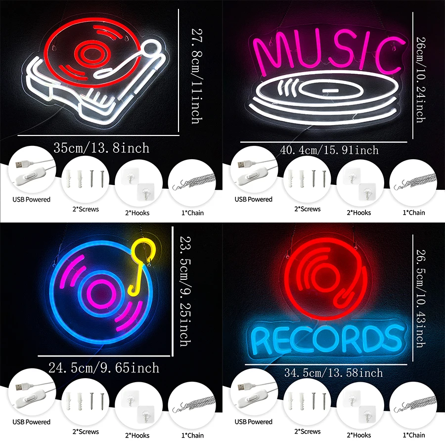 Music Theme Led Neon Sign, Vinyl Record Aesthetic Wall Lamp, Usb Powered, Used For Decor Of Rooms, Bars, Clubs And Music Studios