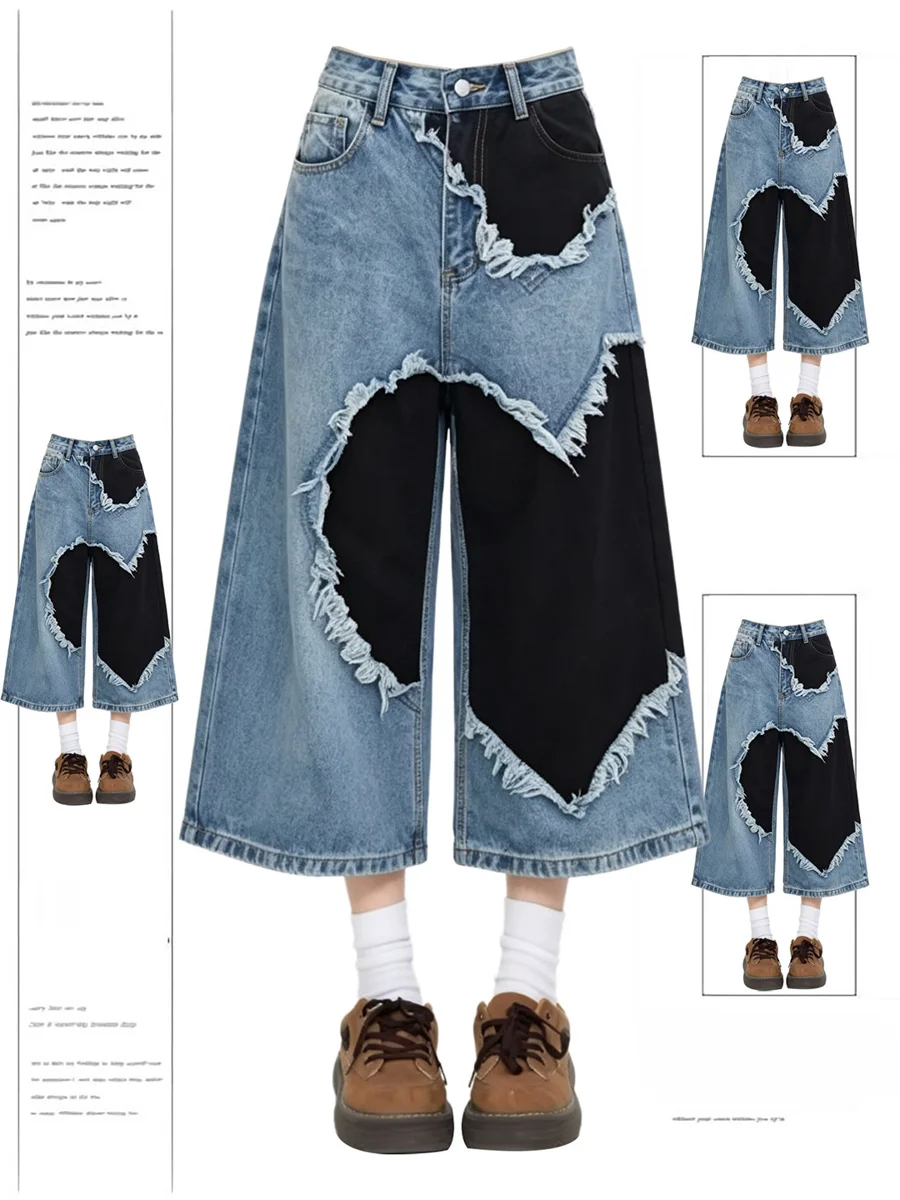 Calça Jeans Americana Retrô com Corações Rasgados e Blocos de Cores, Modelo de Sete Oitavos, Unissex, Novo Design de Verão, P...