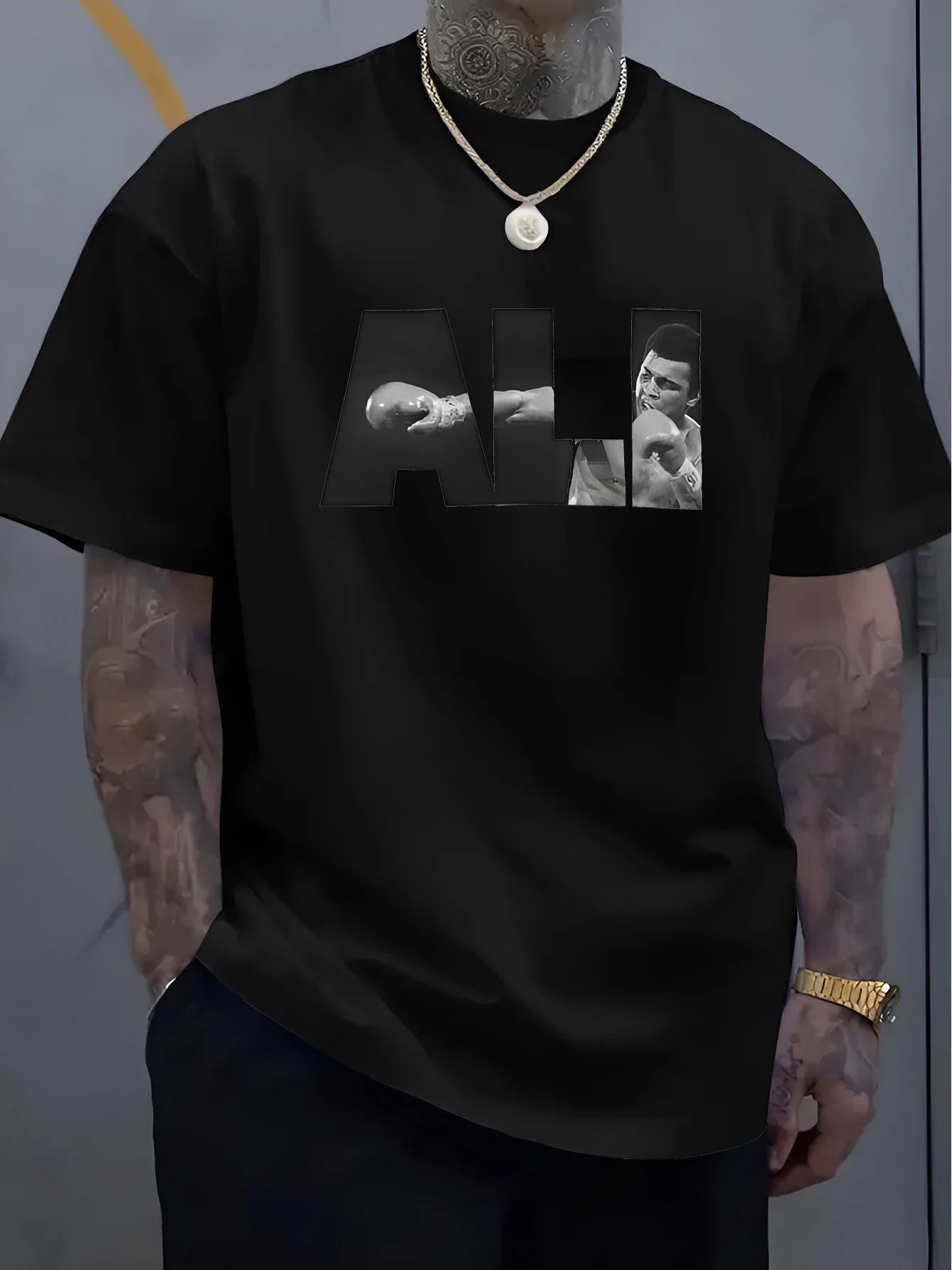 

Men's Casual Boxing Graphic T-Shirt- Soft Breathable, Summer Tee with Ali Tribute Print, Regular Fit Round Neck for Gym Casual