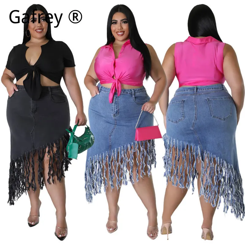 Women Plus Size 1XL 2XL 3XL Spring New Denim Skirt With Fringe High Waist Tassel Jean Skirt Fashion Casual Streetwear Bottoms