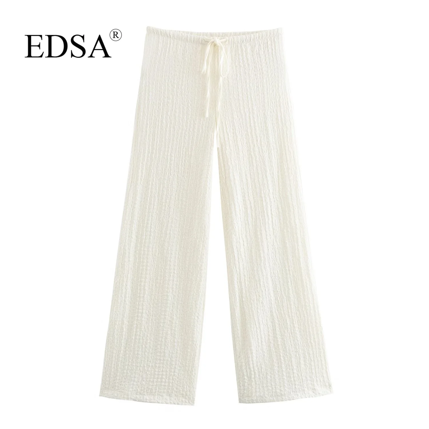 EDSA Women 2 Pcs Set V-Neck Single Breasted Solid Texture Casual Vest Top+High-Waisted Drawstring Wide Leg Pants