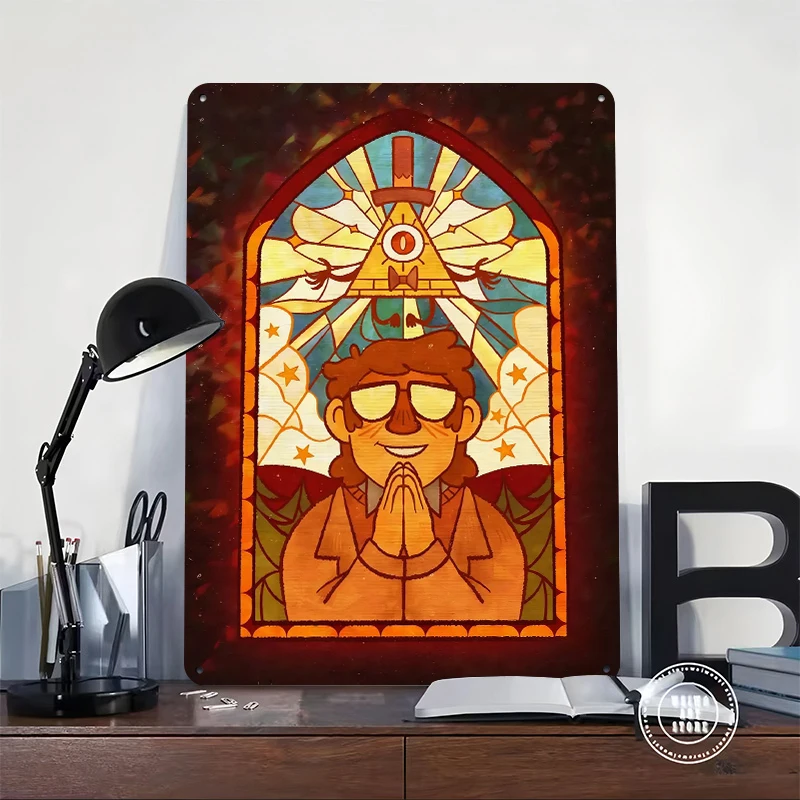 Bill Cipher and Dipper Pines Stained Glass Printed Poster Customized Wall Art Retro Vintage Metal Tin Signs for Home Decor Room