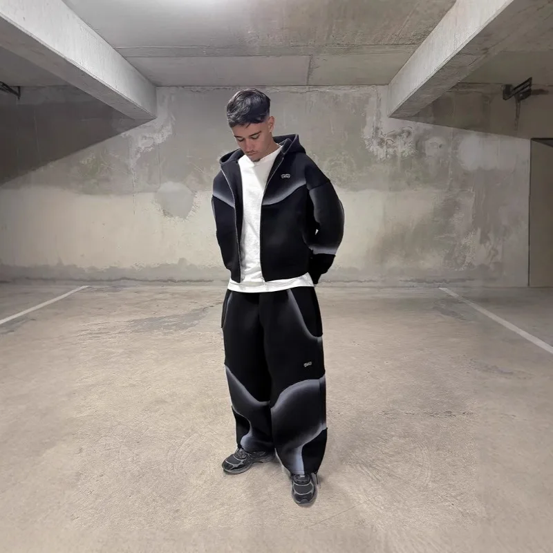 American Retro Gradient Hooded Cardigan Sweatshirt for Both Men Women, Loose and Comfortable High Street Design Style Coat Pants