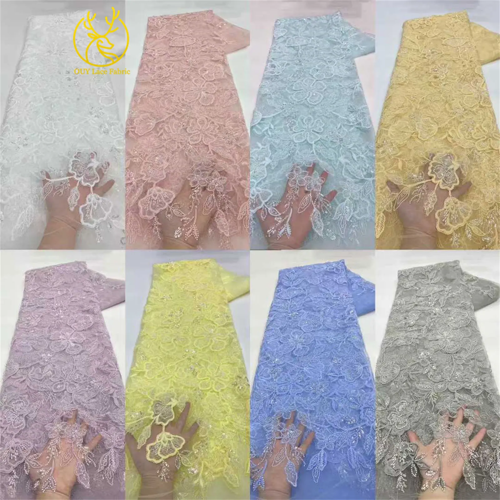 Damen Brautparty-Kleid Pailletten Tüll Bestickter Spitzenstoff 2026 Hochwertiger Nigerianischer Französischer Perlen-Spitzenstoff 5 Yards – Detail 2