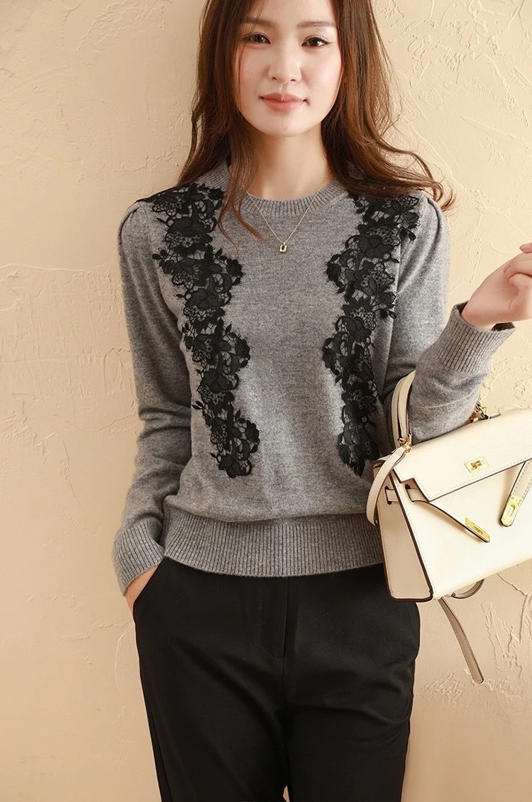 

Winter 2023 Autumn New And Women's Clothinground Neck Lace Cardigan on Both Sides of Shoulder 1018
