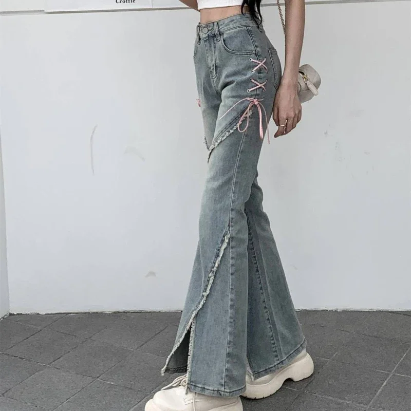 American Split Jeans Women Pink Bandage High Waist Irregular Spliced Denim Pants Zipper Fly Trousers Y2k Pantalon Femme