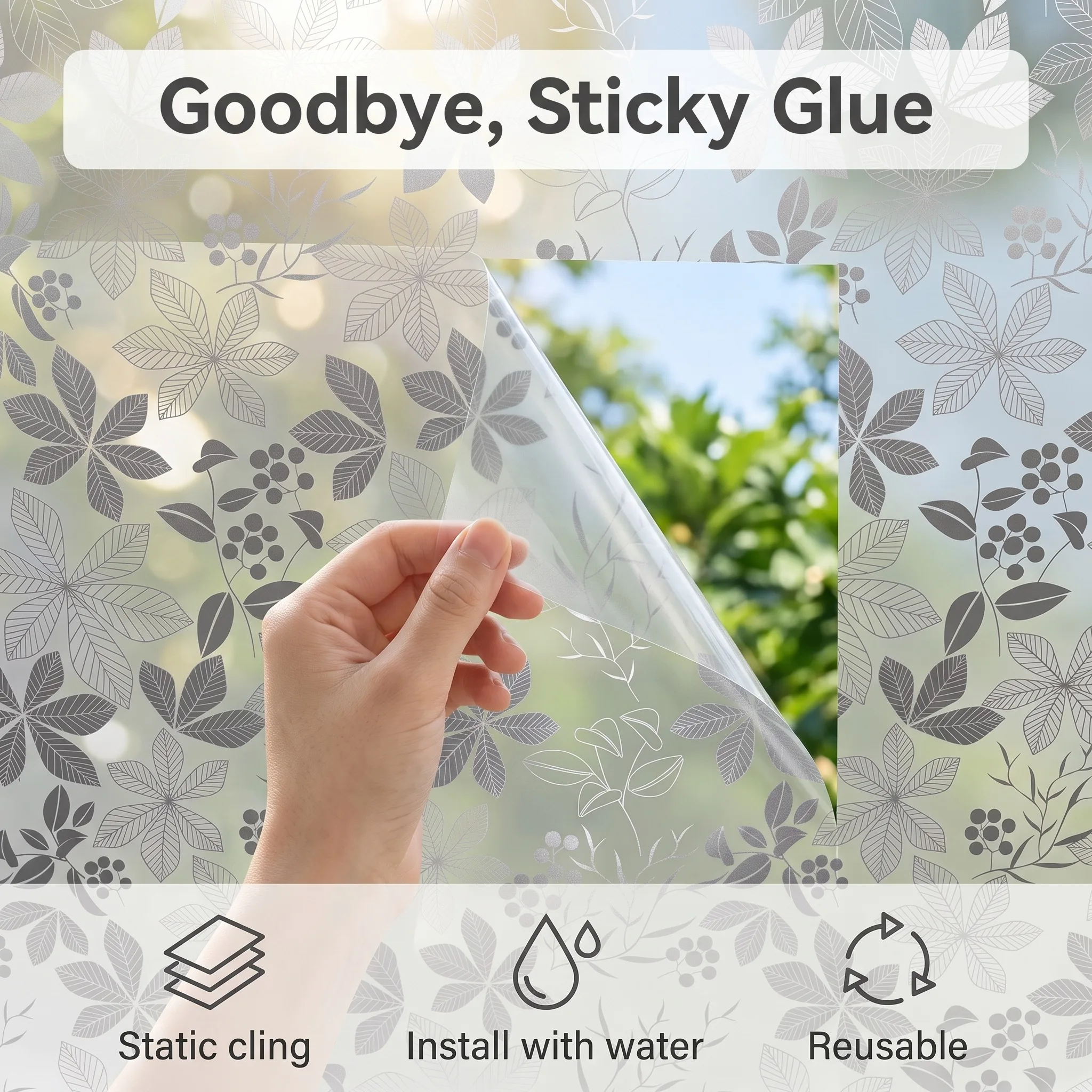 Static Cling No Glue Frosted Window Film Nordic Botanical Leaf Berry Privacy Glass Film, Natural Rustic Decor for Bathroom Bedro