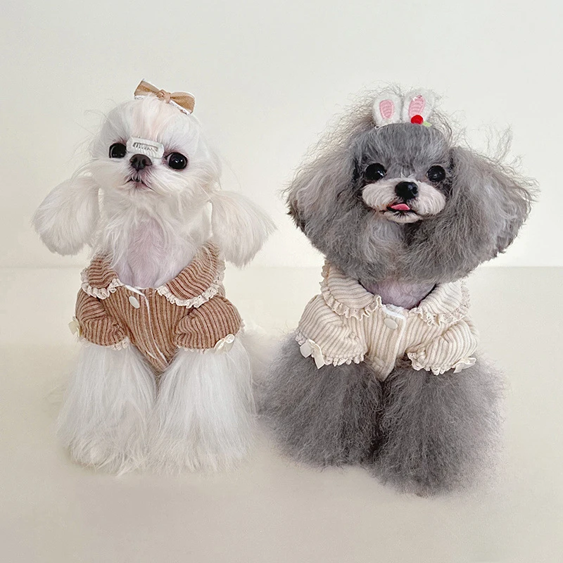 Pet Corduroy Striped Base Shirt with Autumn and Winter Velvet Clothes Doll Collar Bubble Half Sleeved Lace Hoodie Puppy Clothes
