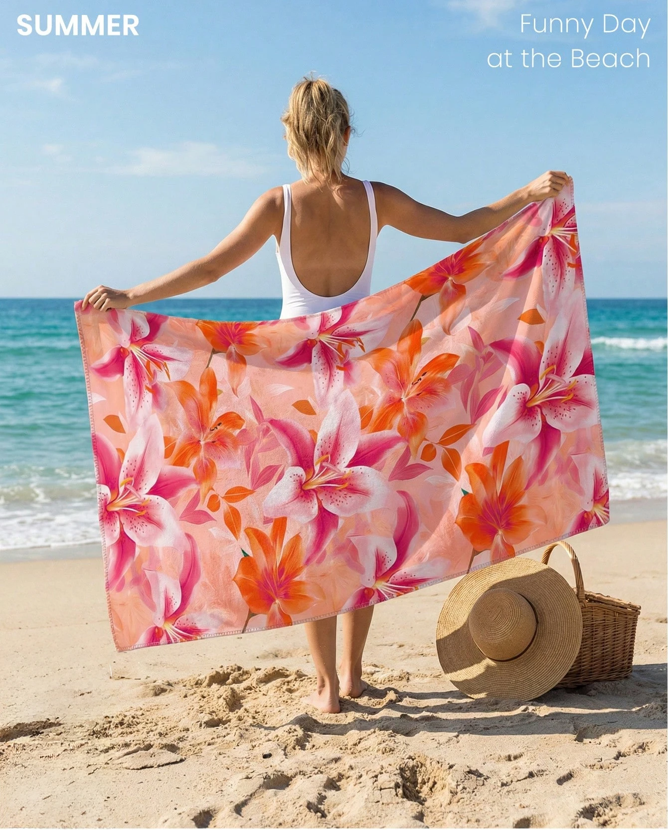1pc Pink and Orange Lily Flower Print Quick Dry Lightweight Breathable Comfortable Beach Towel for Summer Outdoor Activities