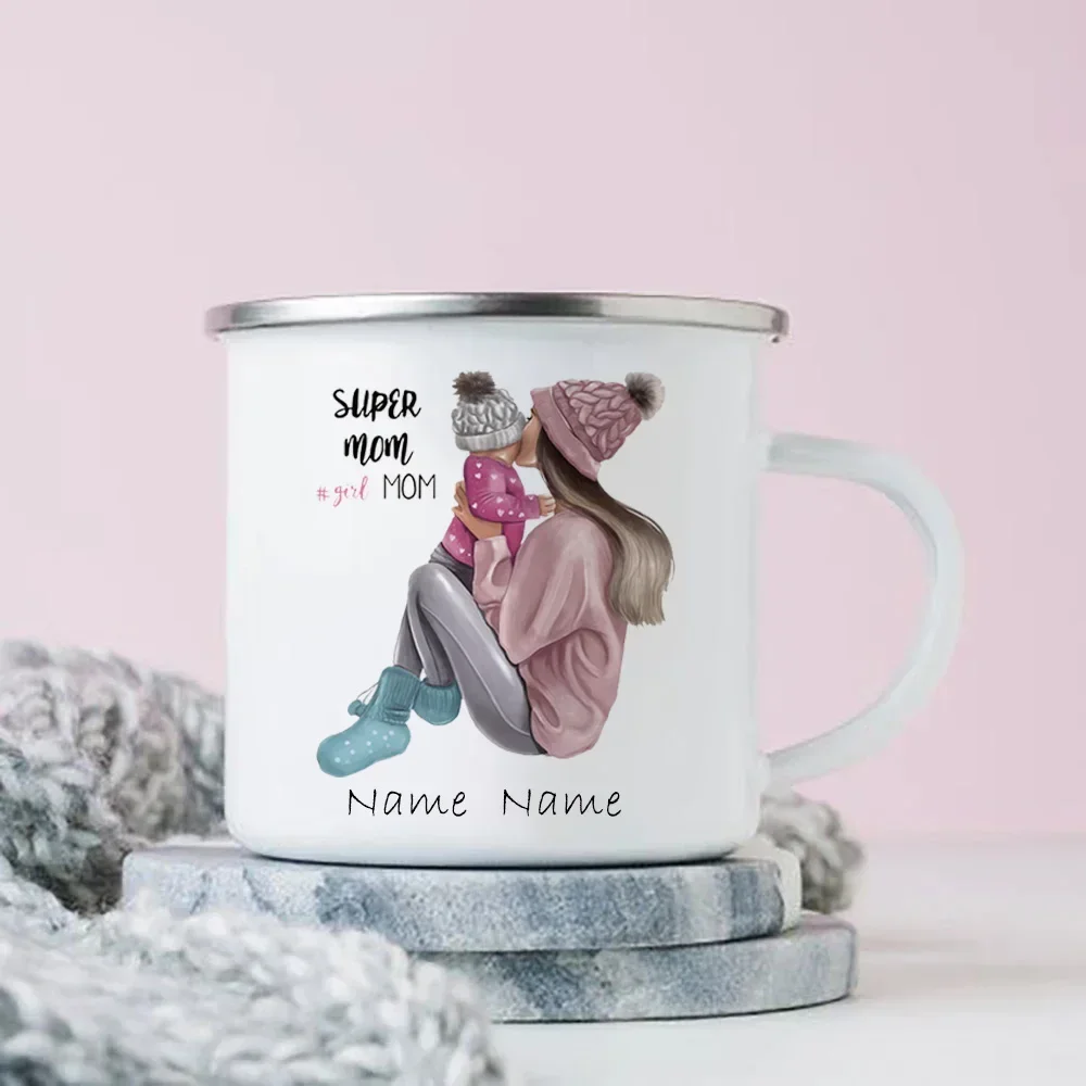 Customized Super Mom Baby Enamel Mug Customizable Cup for Coffee Personalized Name in the Metal Cup Dropshiping Custom Mugs Cups