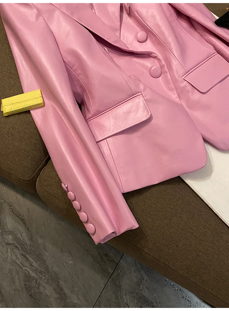 Lautaro Spring Stylish Short Pink Soft Pu Leather Blazer Long Sleeve Slim Fit Luxury Jackets for Women 2022 Elegant Fashion 5xl