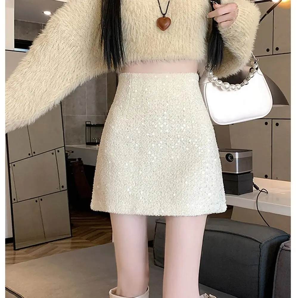 Sparkling A-Line Short Skirt Pants Women's Autumn Winter 2026 New Slim High Waist Wrap Hip Skirt with Sequins Woolen Chic Outfit