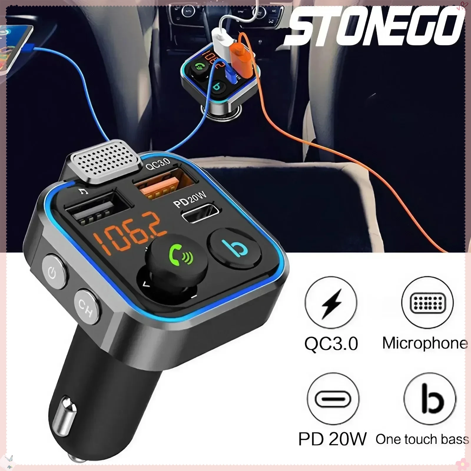 Bluetooth 5.0 FM Transmitter Car Kit Wireless Hands-Free MP3 Dual USB PD 20W QC 3.0 Car Audio Receiver