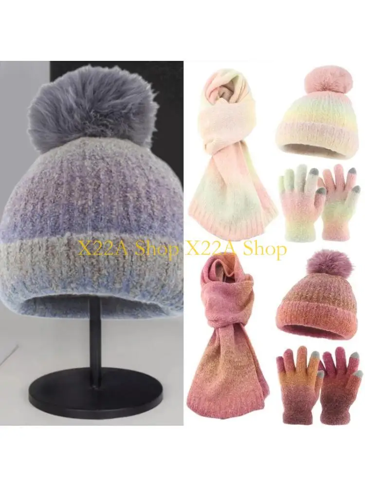 

Вязаная шапка с уникальным градиентом, шарф, перчатки, комплект для взрослых, унисекс, для активного отдыха, зимы, теплый для на