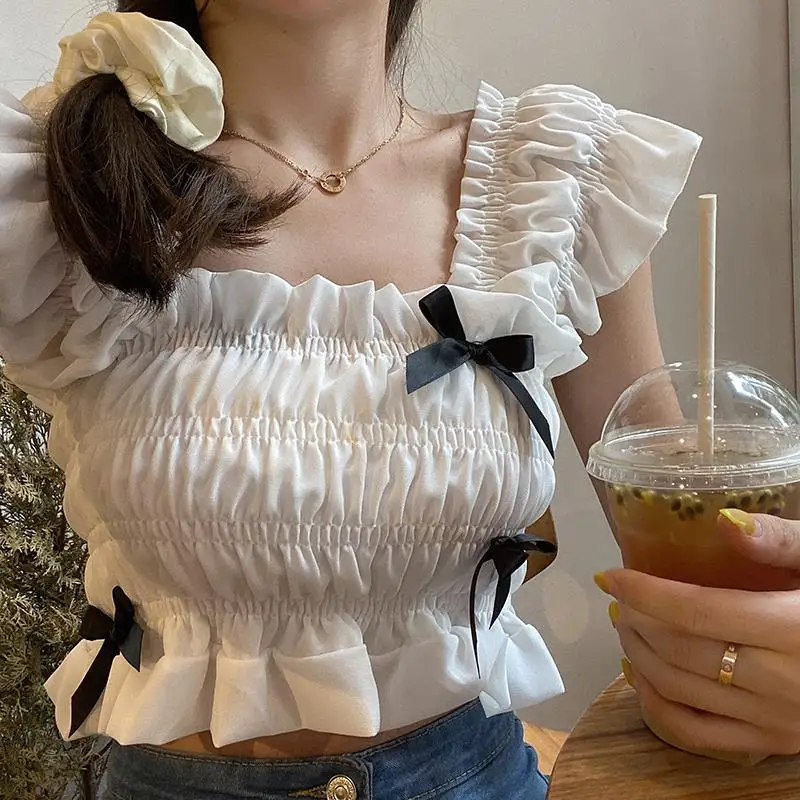 

Bow Temperament Chiffon Women's New Fashionable Flying Sleeve Pleated Top