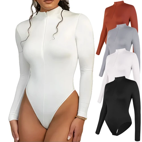 Imagen 1 del producto Camisas térmicas de compresión para mujer, Bodi de manga larga con forro polar, cremallera, cuello alto, ajustado, Tops para clima frío de invierno