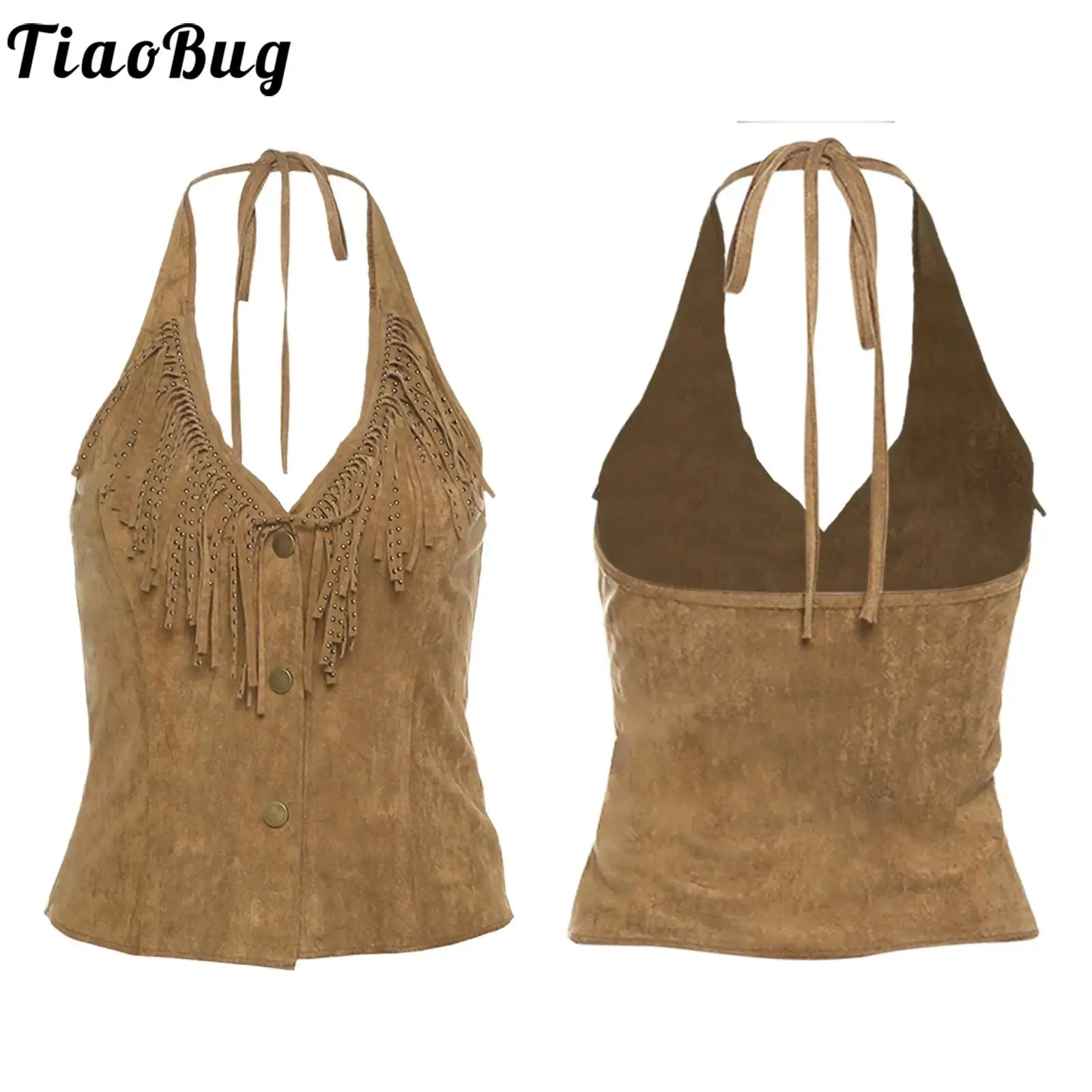 

Women Cowgirl Tassel Lace-up Tank Top Halter V Neck Fringe Single-breasted Cropped Vest Cami Blouse for Club Music Festivals