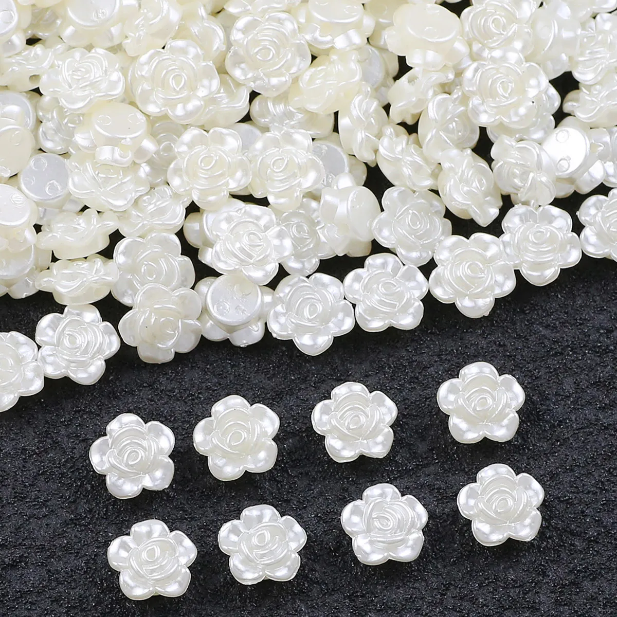 50/100 stücke 12mm flacher Boden Rose Blume Perlen weiße Imitation Perle Acryl Schmuck Perlen für die Herstellung von Ohrringen Armbänder Halsketten