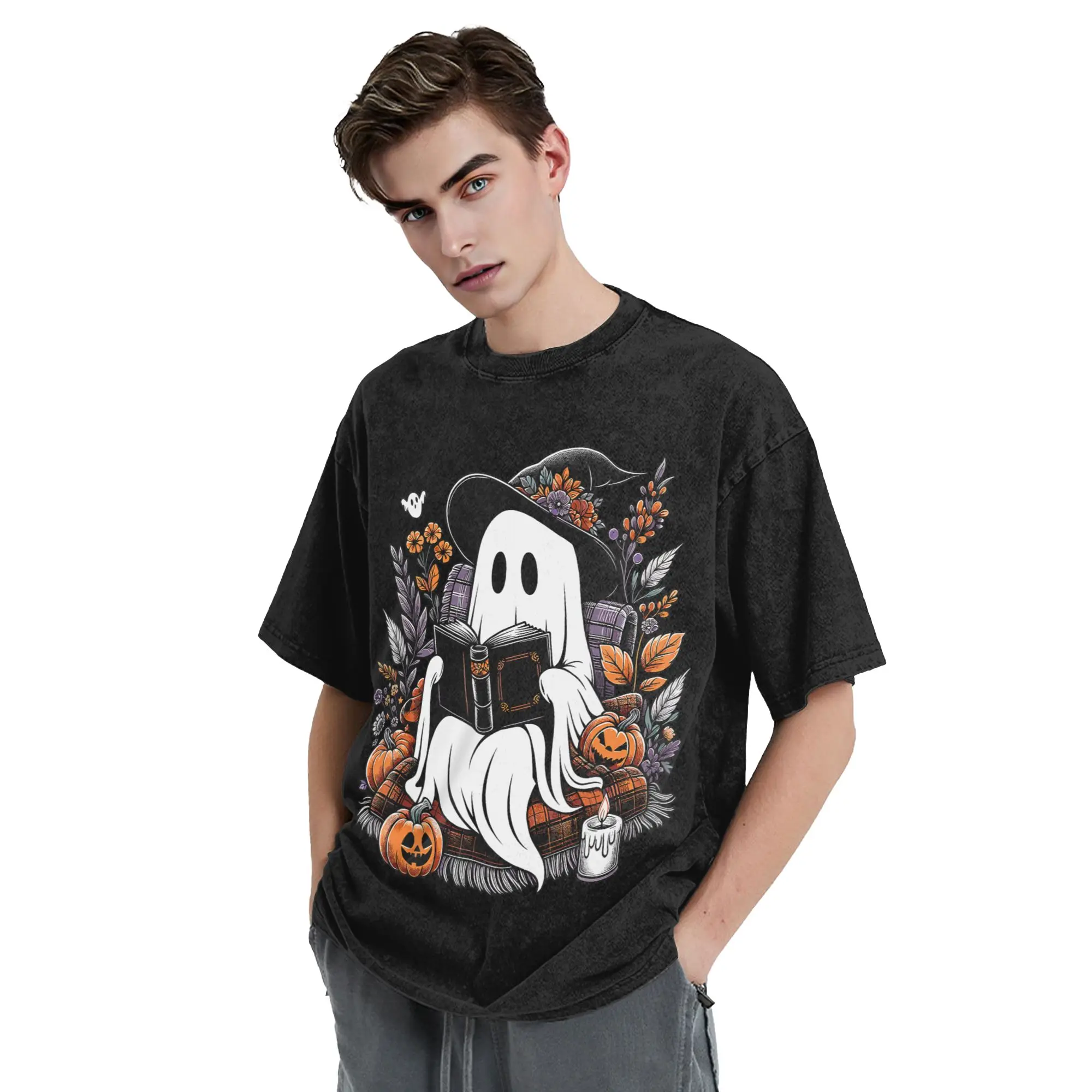 Washed T Shirts Ghost Reading Books Pumpkin Halloween Hip Hop Vintage T-Shirt High Street Streetwear Summer Tops Tees Men Women