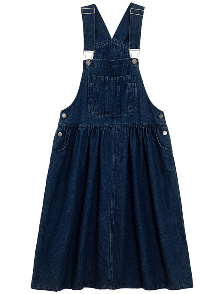 

Summer Preppy Denim Overall Dress Women Sleeveless Adjustable Strap Bib Pocket Blue Jeans Vintage A Line Casual Midi Jean Dress