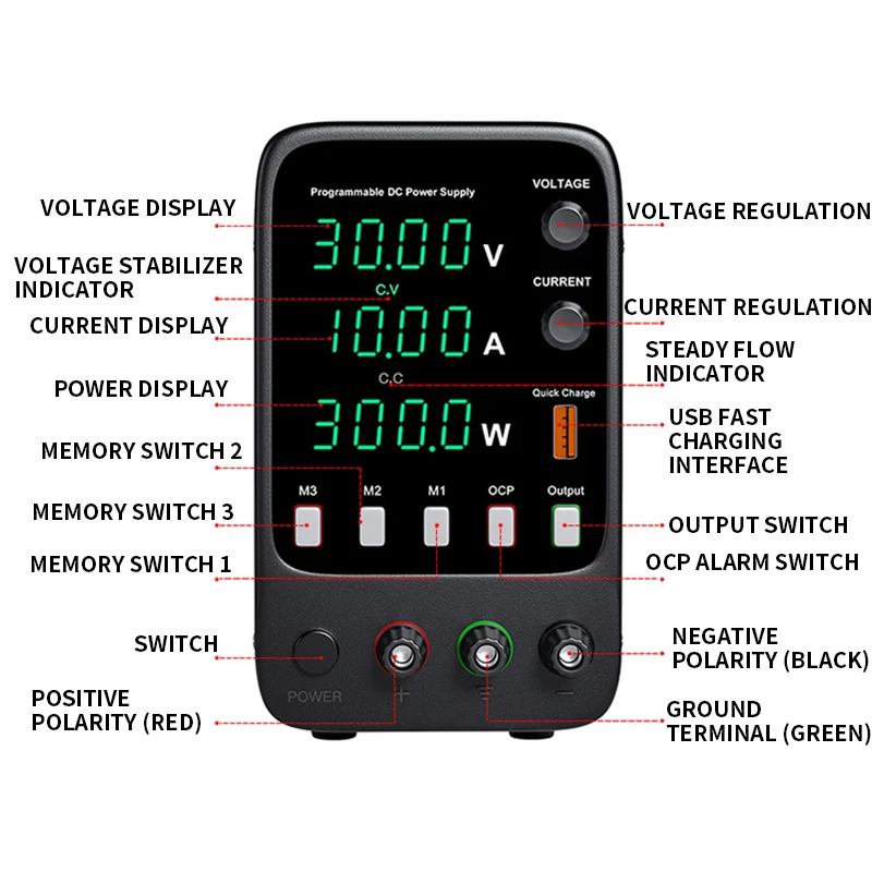 APS1203H DC Laboratory Power Supply Adjustable 30V 10A with USB 4 Digits Display Lab Bench Switching Regulated Power Source